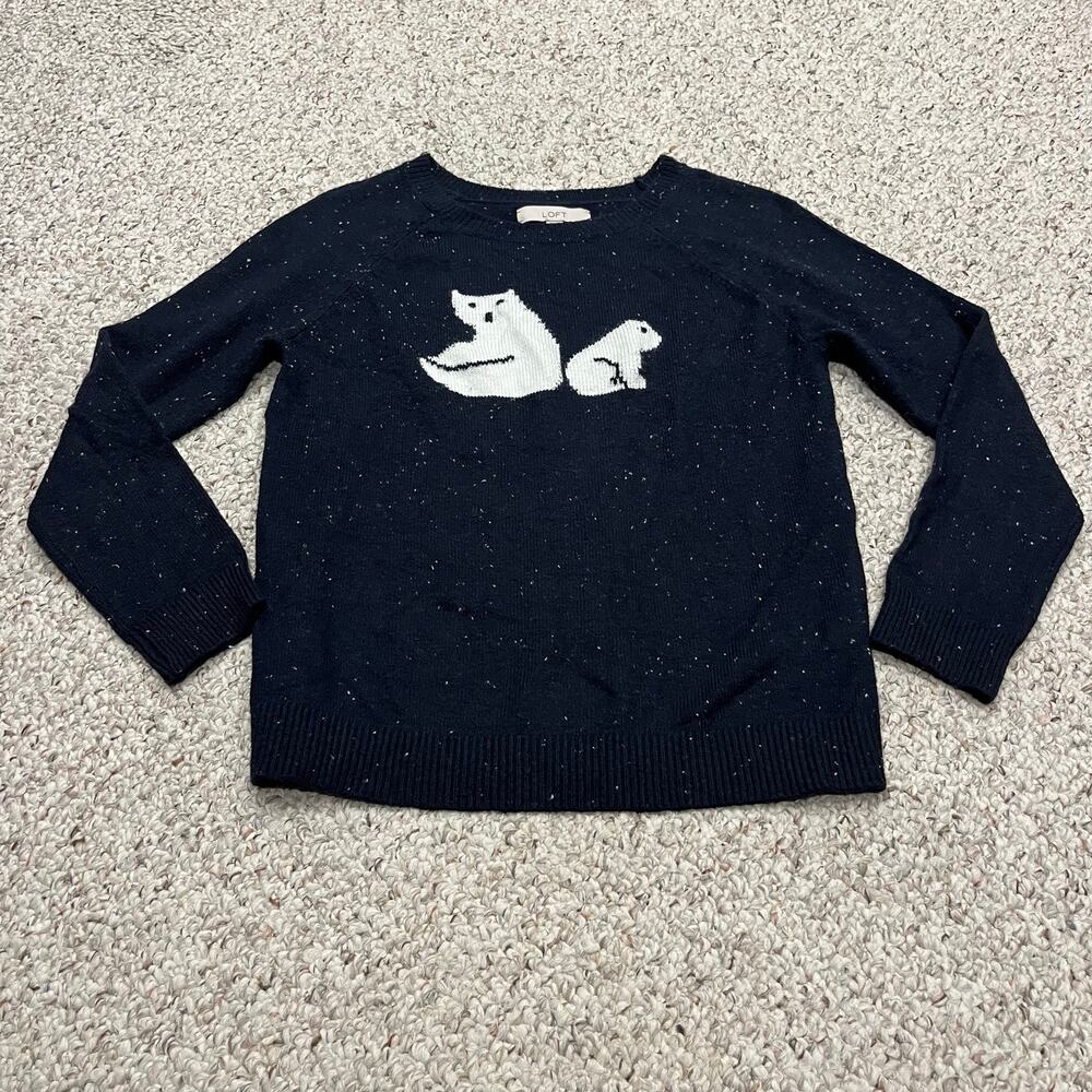 Loft Polar Bear Crewneck Sweater S Navy Blue Winter Holiday Spackled Preppy